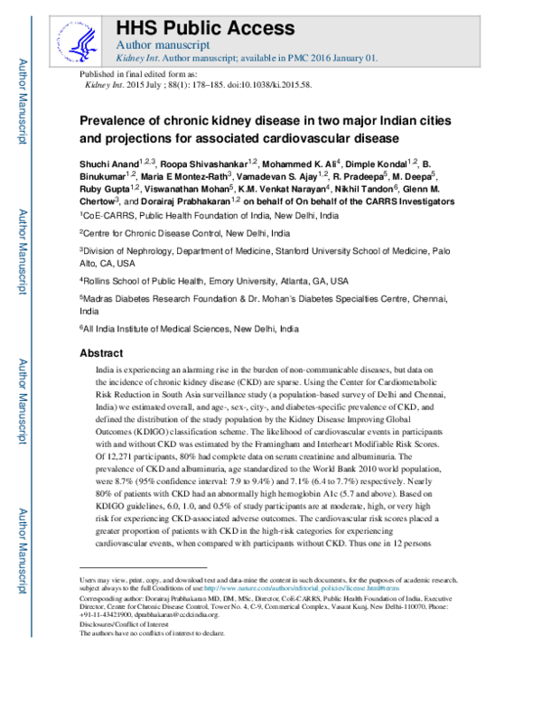 (PDF) Prevalence of chronic kidney disease in two major Indian cities ...