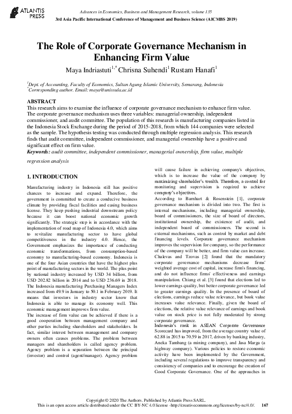 (PDF) The Role of Corporate Governance Mechanism in Enhancing Firm Value