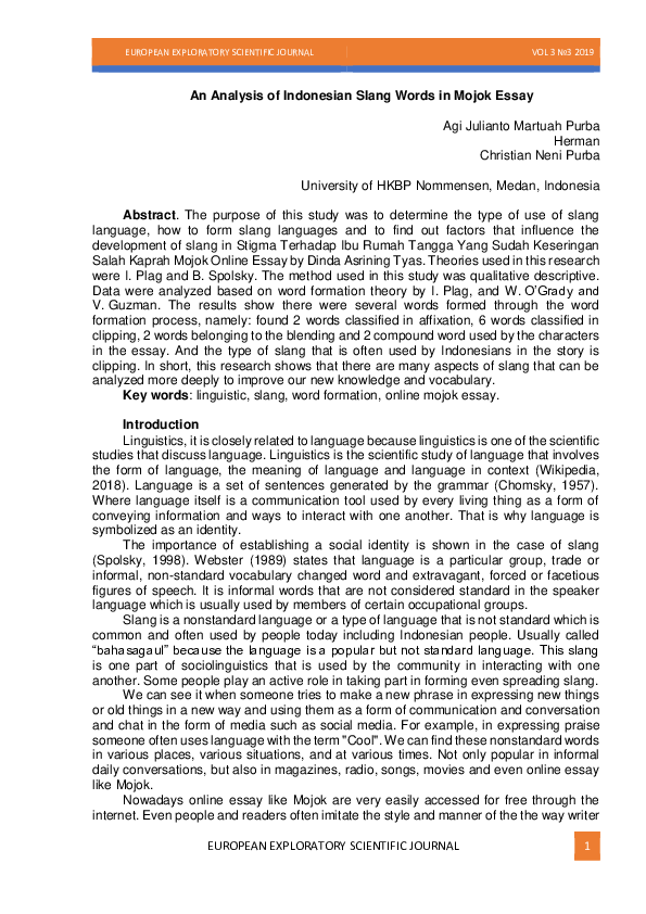 (PDF) An Analysis of Indonesian Slang Words in Mojok Essay