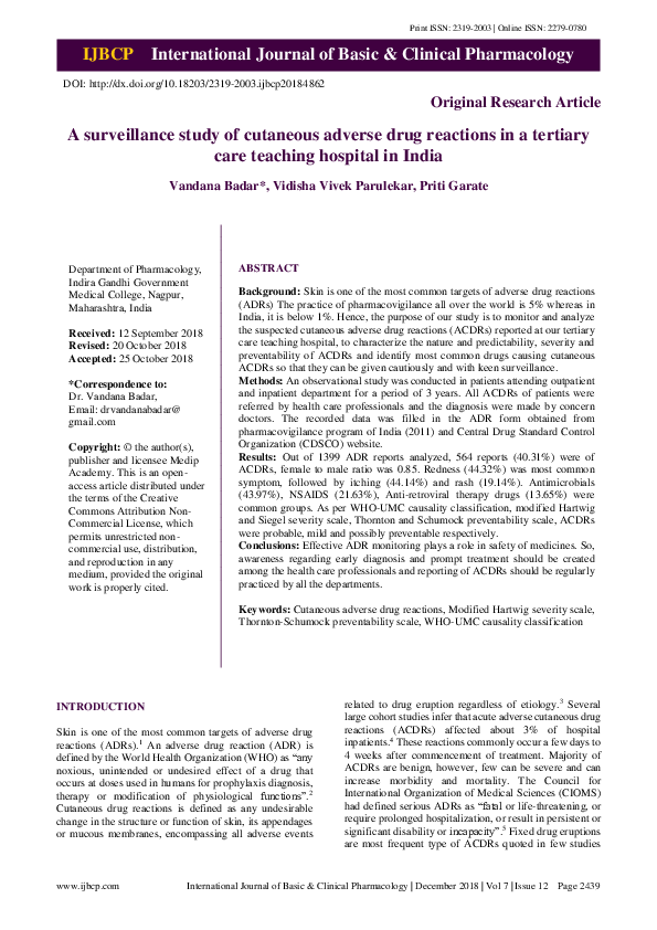(PDF) A surveillance study of cutaneous adverse drug reactions in a ...