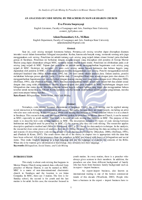 (PDF) An Analysis of Code Mixing by Preachers in Mawar Sharon Church