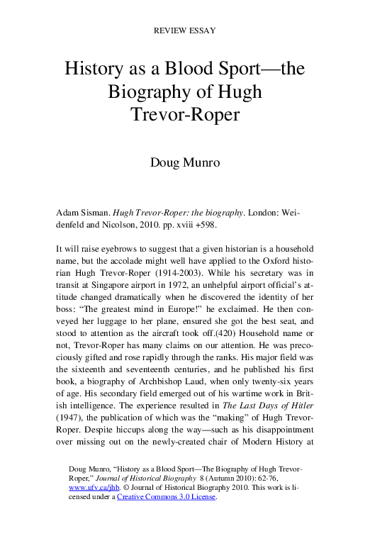 (PDF) History as a blood sport : The biography of Hugh Trevor-Roper