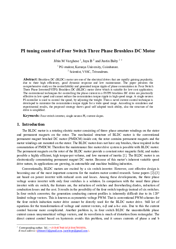 (PDF) PI tuning control of Four Switch Three Phase Brushless DC Motor