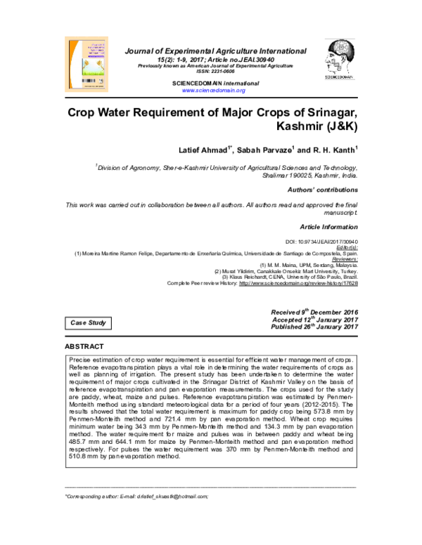 (PDF) Crop Water Requirement of Major Crops of Srinagar, Kashmir (J)