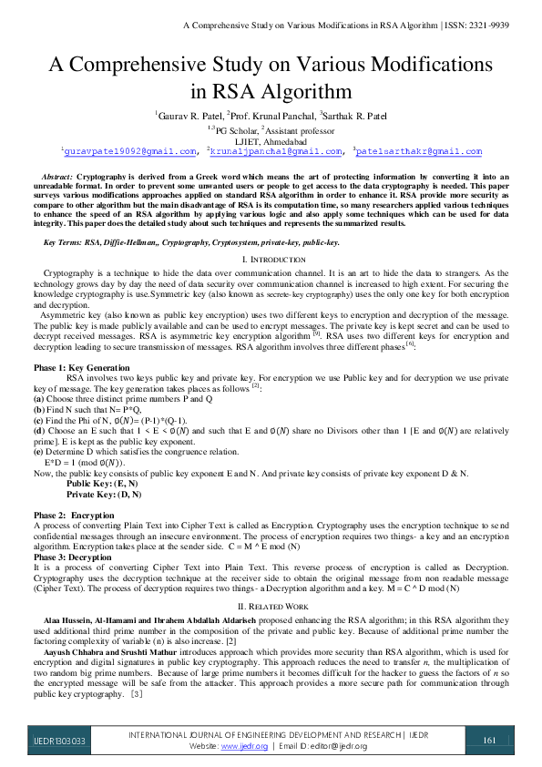 (PDF) A Comprehensive Study on Various Modifications in RSA Algorithm