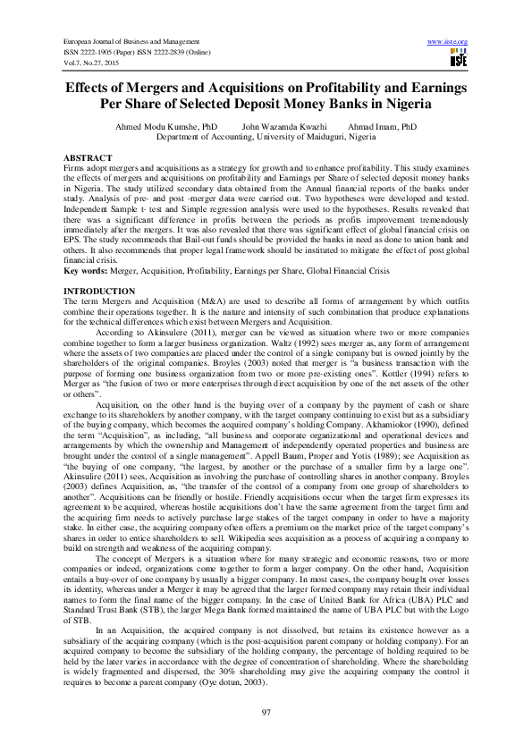 (PDF) Effects of Mergers and Acquisitions on Profitability and Earnings ...