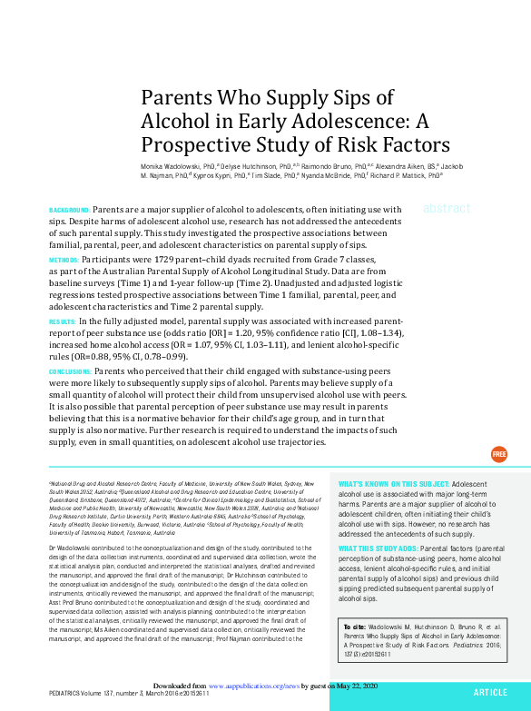 (PDF) Parents Who Supply Sips of Alcohol in Early Adolescence: A ...