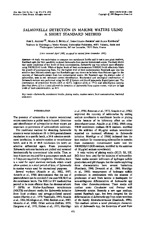 (PDF) Salmonella detection in marine waters using a short standard method