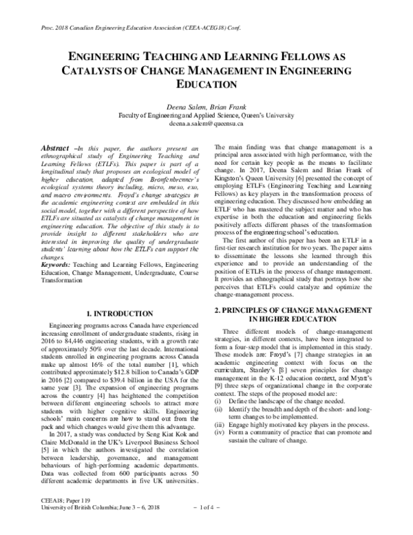 (PDF) Catalysts of Change Management in Engineering Education