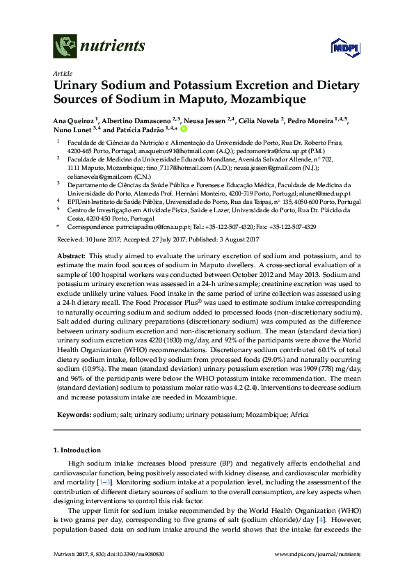(PDF) Urinary Sodium and Potassium Excretion and Dietary Sources of ...