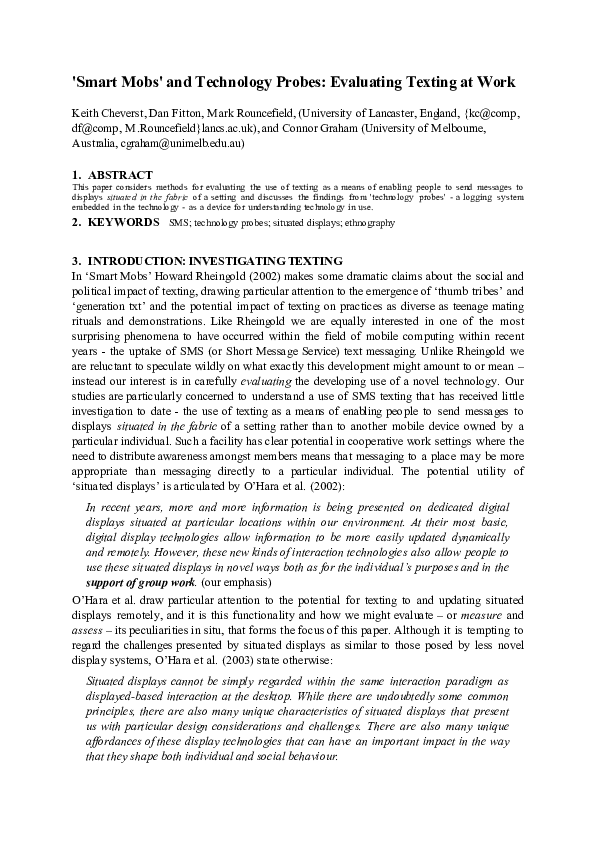 (PDF) Smart mobs and technology probes: evaluating texting at work