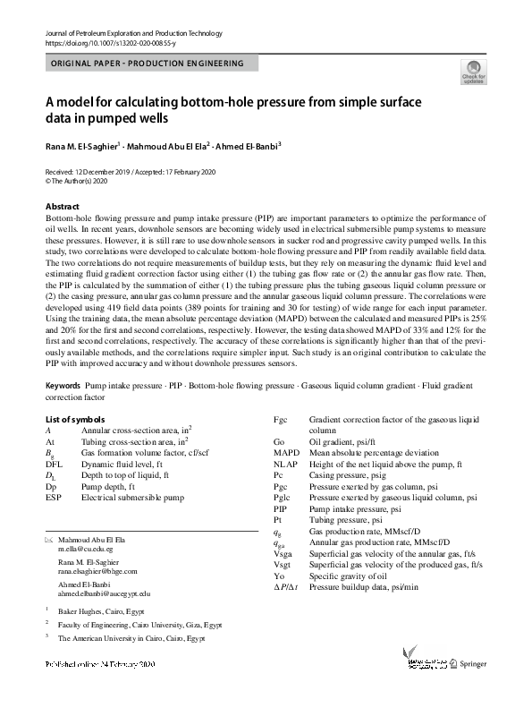 (PDF) A model for calculating bottom-hole pressure from simple surface ...