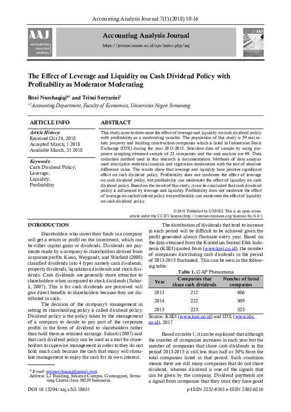 (PDF) The Effect of Leverage and Liquidity on Cash Dividend Policy with ...