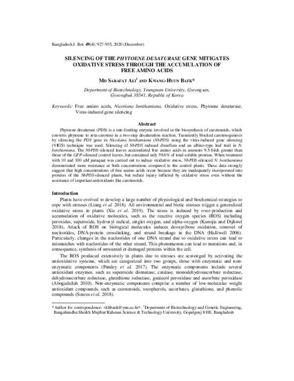 (PDF) Silencing of the Phytoene desaturase gene mitigates oxidative ...