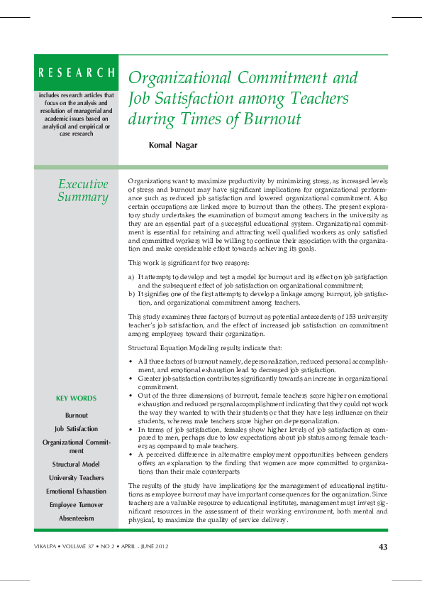 (PDF) Organizational Commitment and Job Satisfaction: The Influence of ...