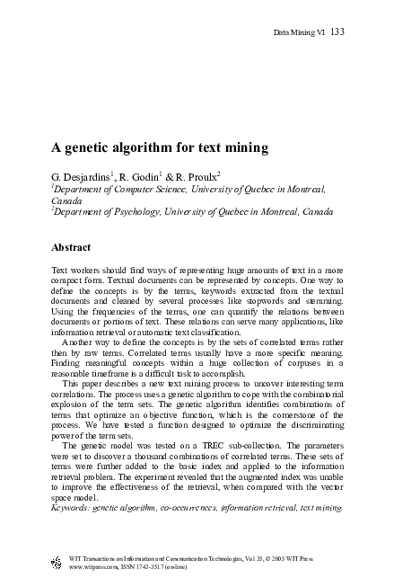 (PDF) A Genetic Algorithm For Text Mining