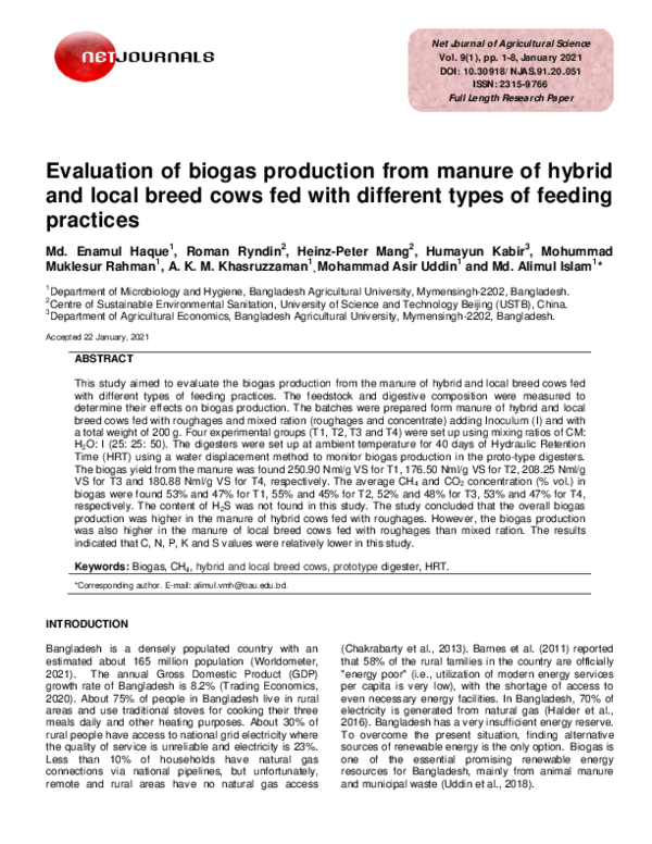 (PDF) Evaluation of biogas production from manure of hybrid and local ...