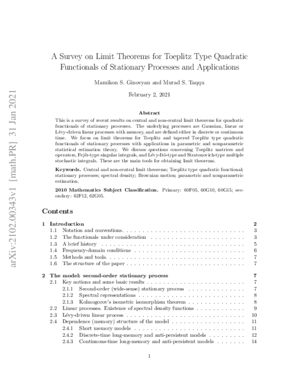 (PDF) A Survey on Limit Theorems for Toeplitz Type Quadratic ...