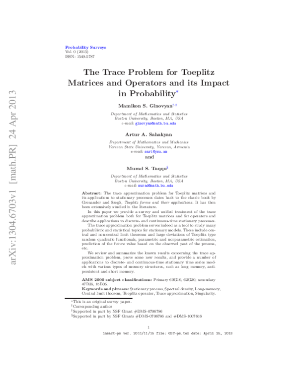 (PDF) The Trace Problem for Toeplitz Matrices and Operators and its ...