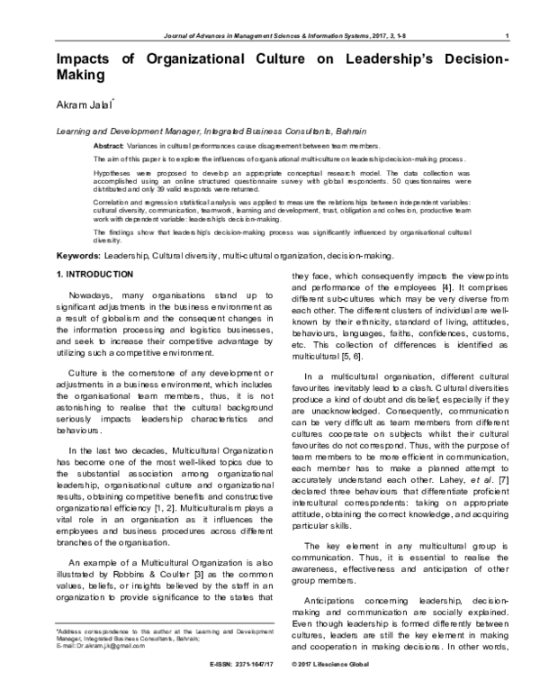 (PDF) Impacts of Organizational Culture on Leadership's Decision-Making