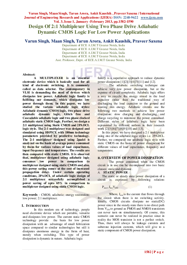 (PDF) Design Of 2 : 1 Multiplexer Using Two Phase Drive Adiabatic ...