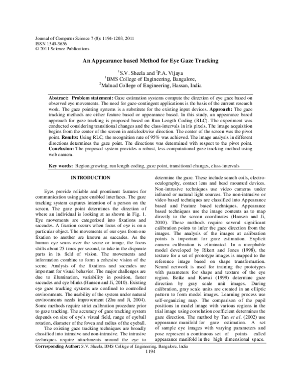 (PDF) An Appearance based Method for Eye Gaze Tracking P. A. Vijaya