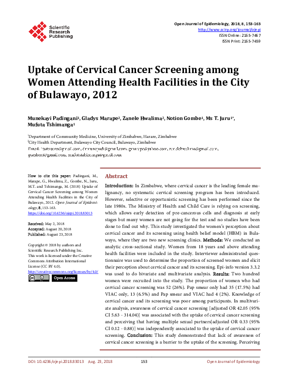 (PDF) Uptake of Cervical Cancer Screening among Women Attending Health ...
