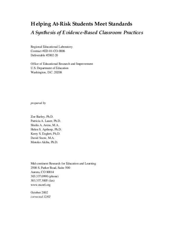 (PDF) Helping At-Risk Students Meet Standards: A Synthesis of Evidence ...