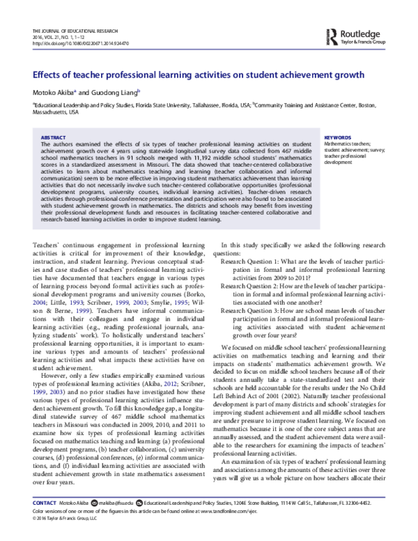 (PDF) Effects of Teacher Professional Learning Activities on Student ...