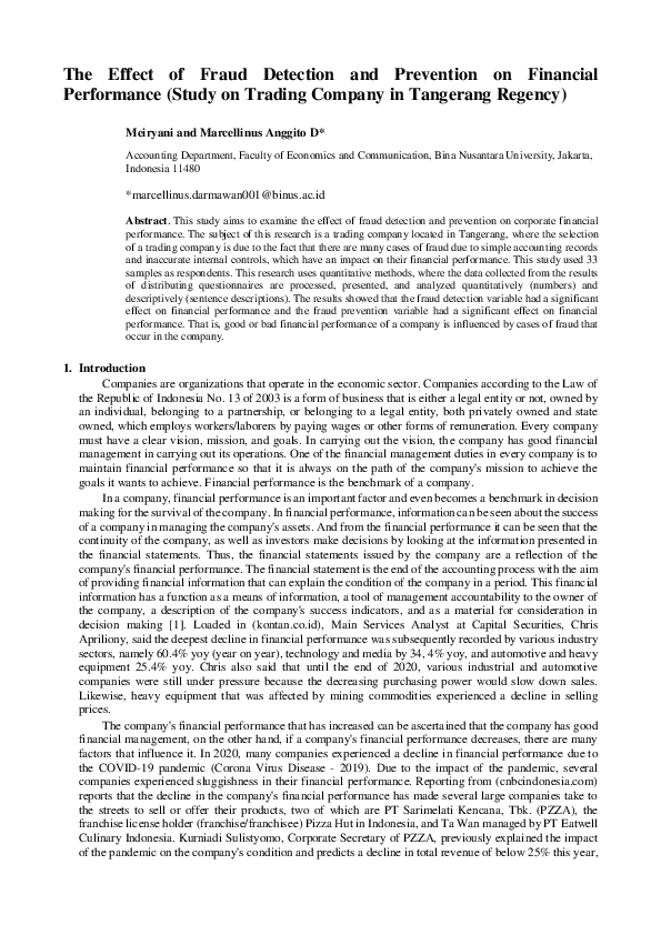(PDF) The Effect of Fraud Detection and Prevention on Financial ...