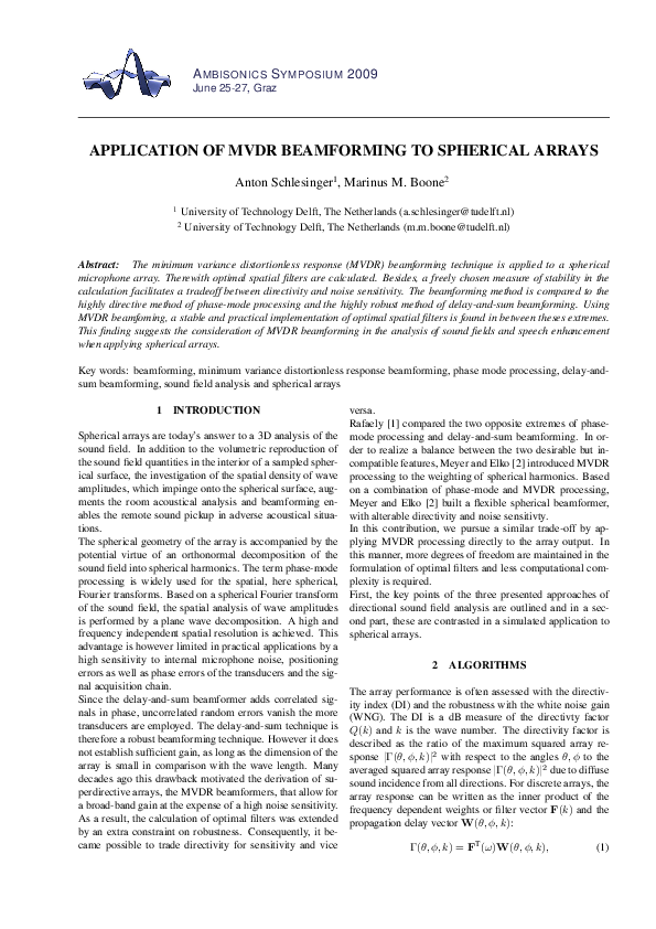 (PDF) Application of MVDR Beamforming to Spherical Arrays