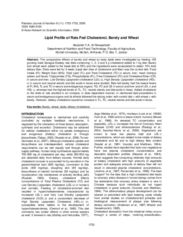 (PDF) Lipid Profile of Rats Fed Cholesterol, Barely and Wheat