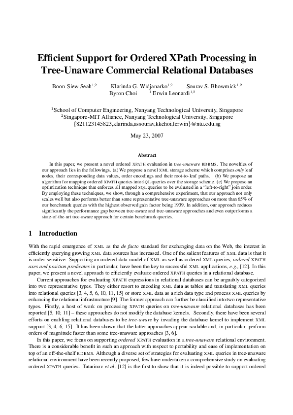 (PDF) Efficient Support for Ordered XPath Processing in Tree-Unaware ...