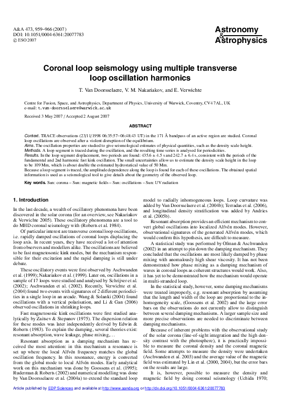 (PDF) Coronal loop seismology using multiple transverse loop ...