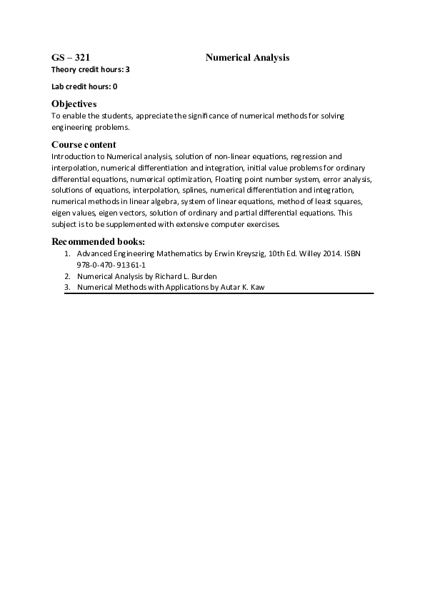(DOC) Numerical analysis course outline by HU under HEC Mohammad A B