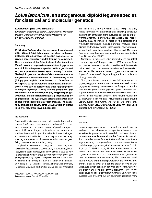 (PDF) Lotus japonicus, an autogamous, diploid legume species for ...