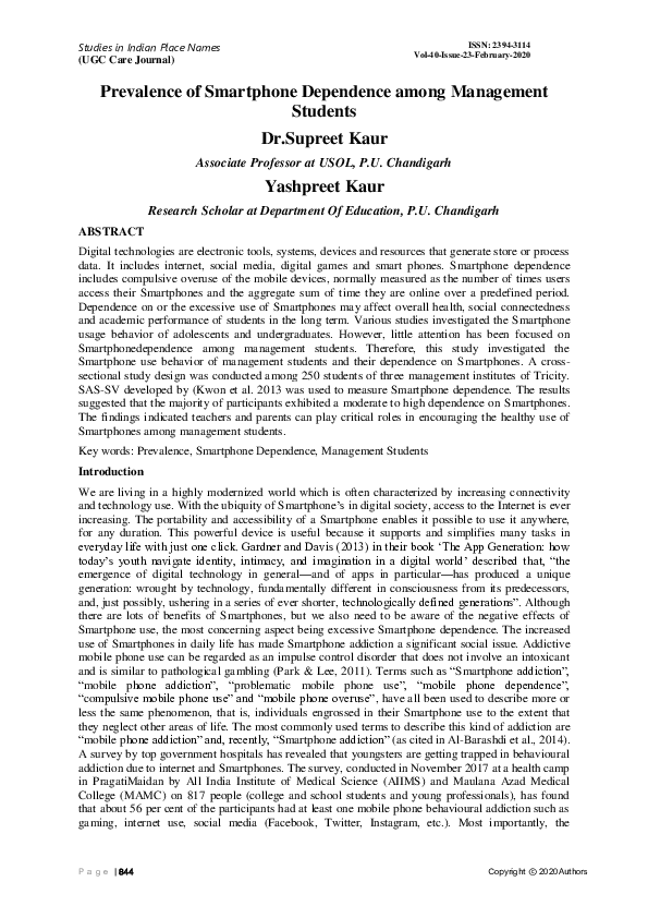 (PDF) Prevalence of Smartphone Dependence among Management Students