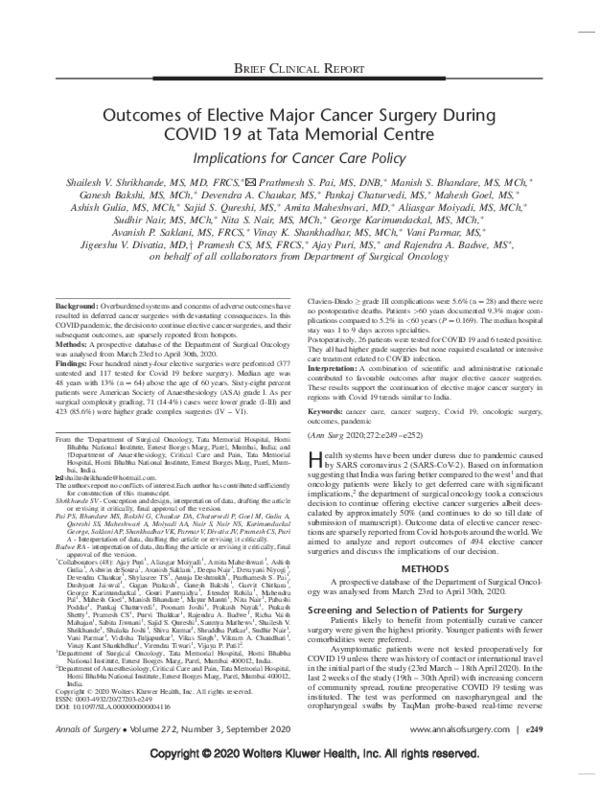(PDF) Outcomes of Elective Major Cancer Surgery During COVID 19 at Tata ...
