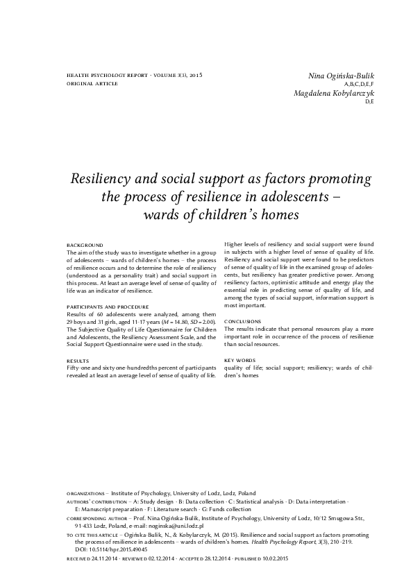 (PDF) Resiliency and social support as factors promoting the process of ...
