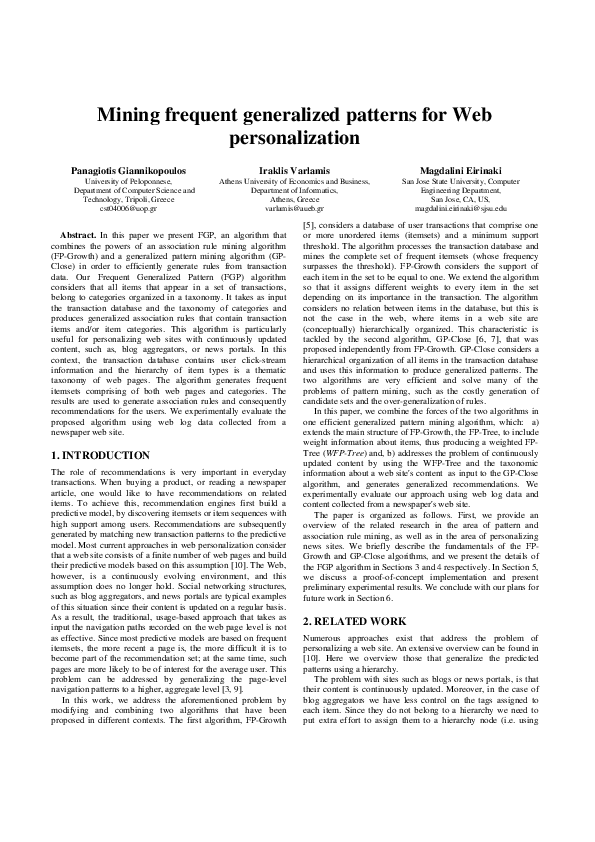 (PDF) Mining Frequent Generalized Patterns for Web Personalization
