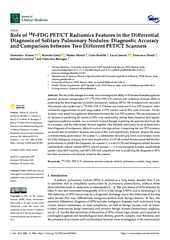 (PDF) Role of 18F-FDG PET/CT Radiomics Features in the Differential ...