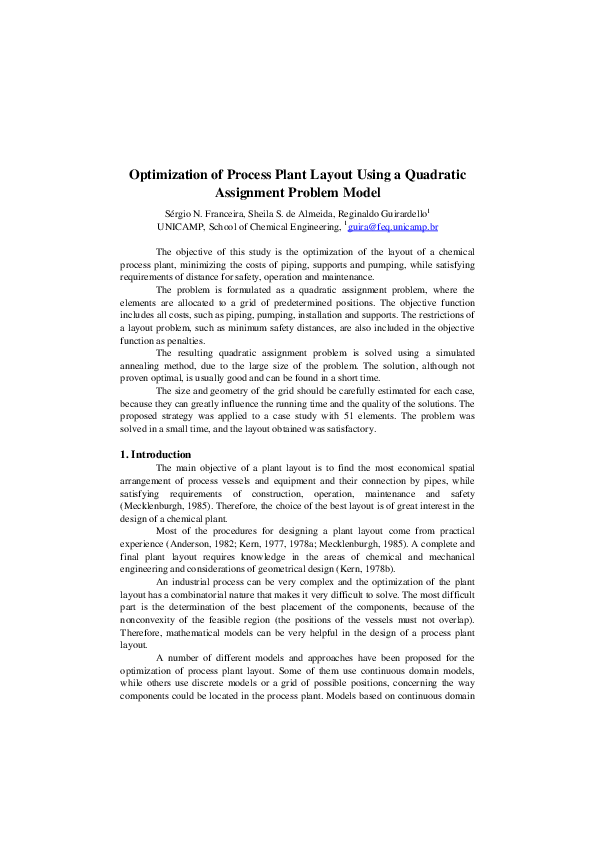 (PDF) Optimization of Process Plant Layout Using a Quadratic Assignment ...
