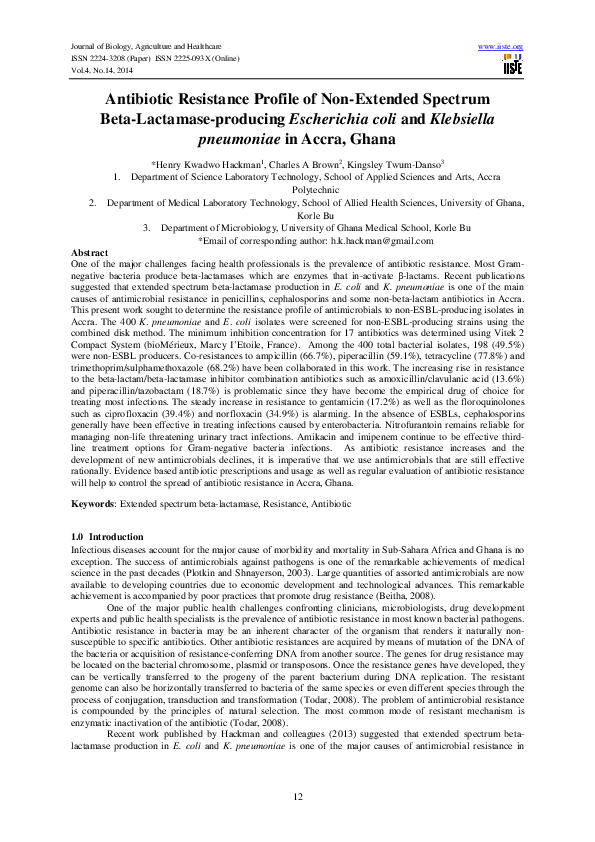 (PDF) Antibiotic Resistance Profile of Non-Extended Spectrum Beta ...