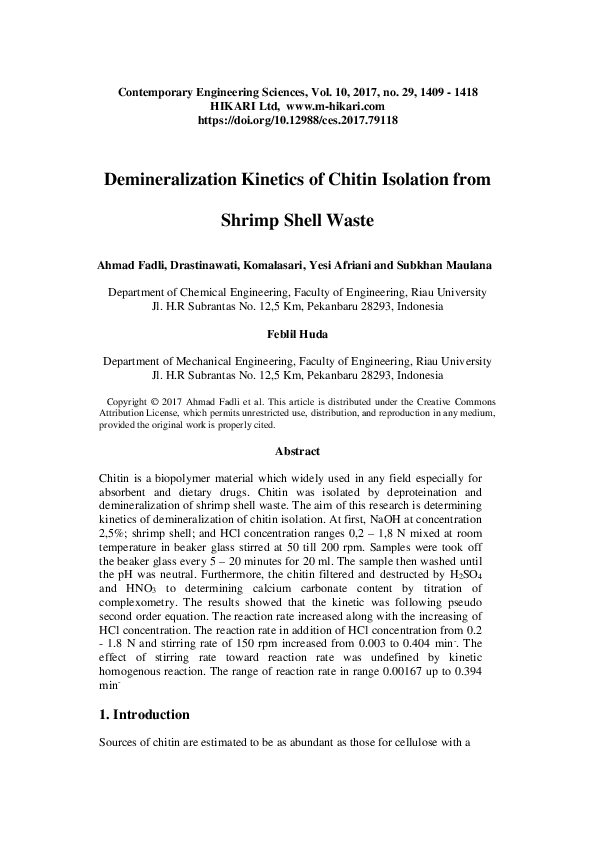 (PDF) Demineralization kinetics of chitin isolation from shrimp shell waste