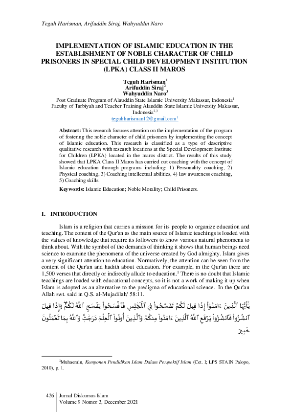 (PDF) Implementation of Islamic Education in the Establishment of Noble ...