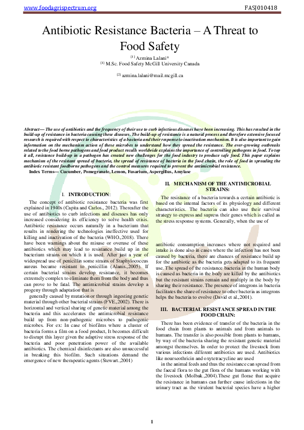 (PDF) Antibiotic Resistance Bacteria A Threat to Food Safety