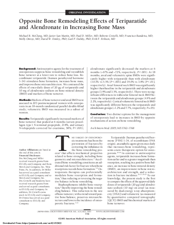 (PDF) Opposite Bone Remodeling Effects of Teriparatide and Alendronate ...