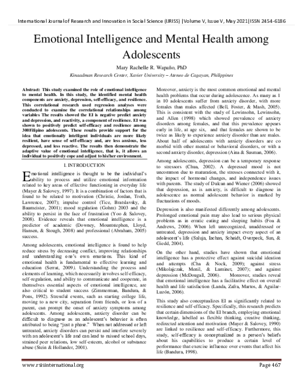 (PDF) Emotional Intelligence and Mental Health among Adolescents