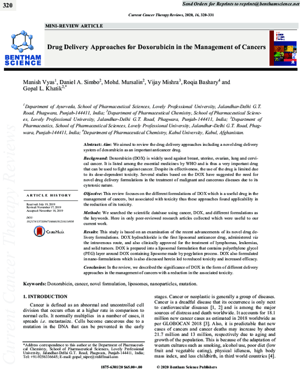 (PDF) Drug Delivery Approaches for Doxorubicin in the Management of Cancers