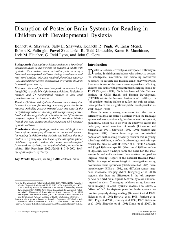(PDF) Disruption of posterior brain systems for reading in children ...